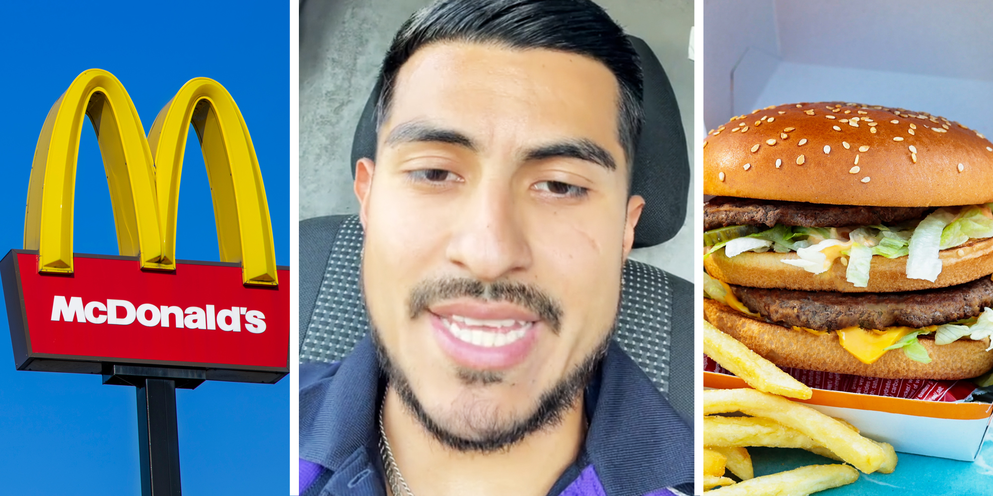 McDonald's Arches(l), Man talking(c), McDonald' burger(r)