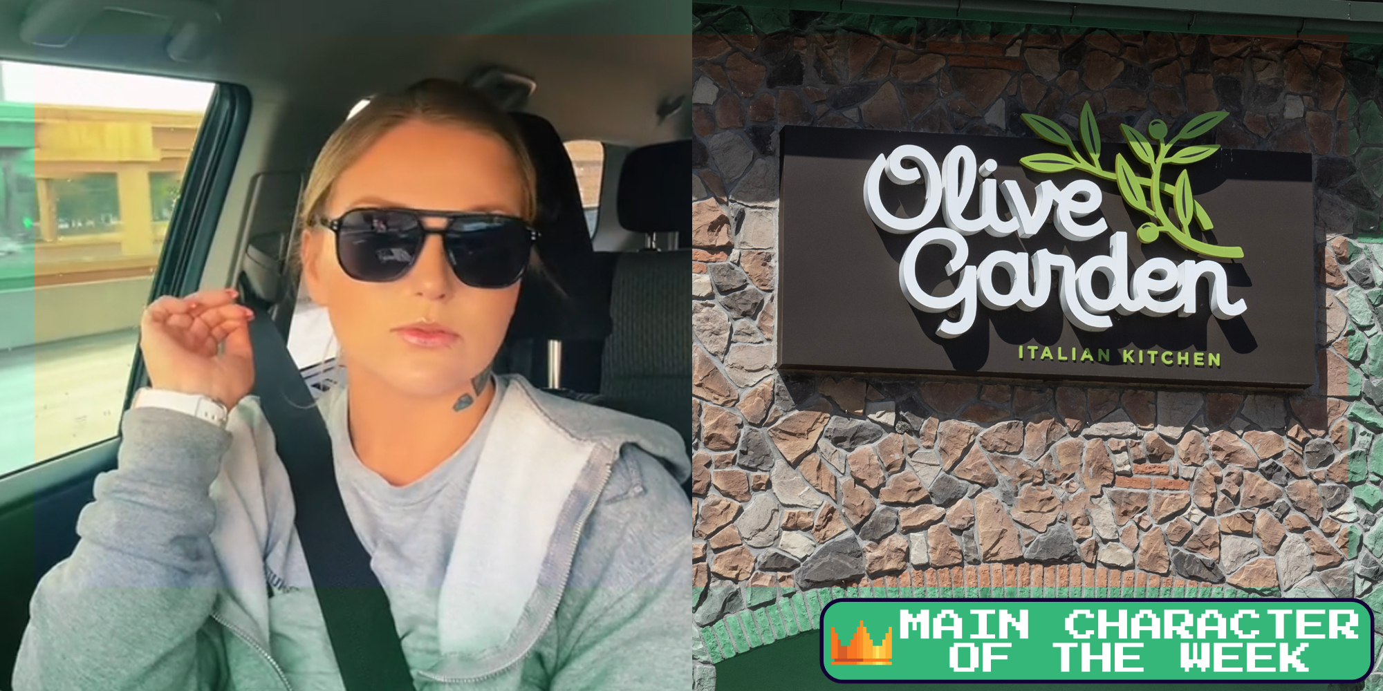 A person looking at the camera next to an Olive Garden sign. With MCOTW overlay.