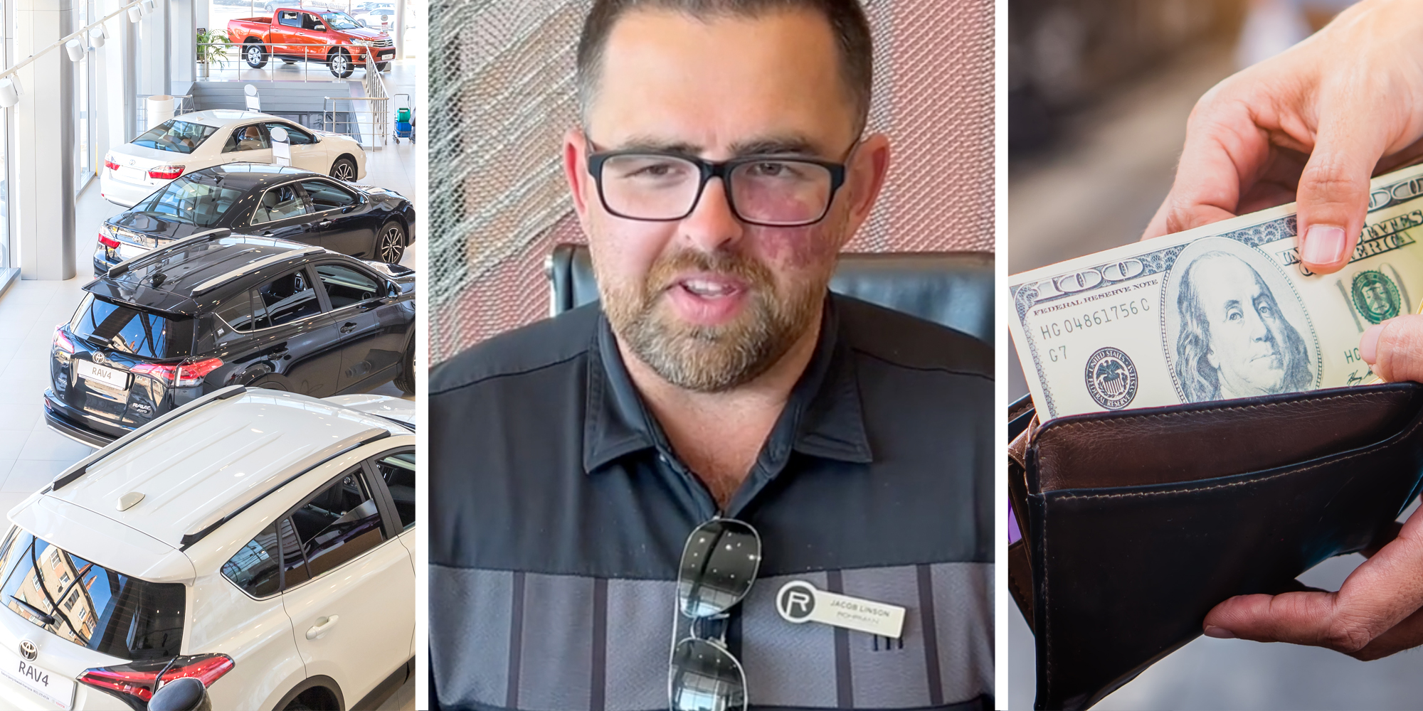 Cars inside dealership(l), Man talking(c), Hand putting $100 into wallet(r)