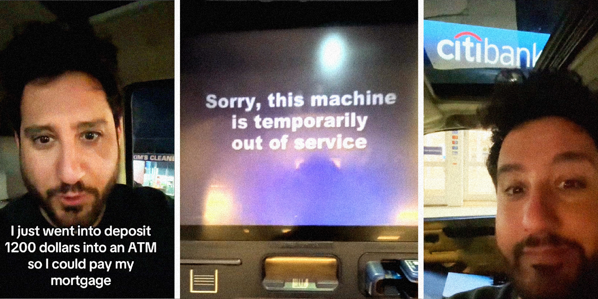 3 panel image of man talking in his car, on the sides. In the middle an ATM screen that reads, " Sorry, this machine temporarily out of service"