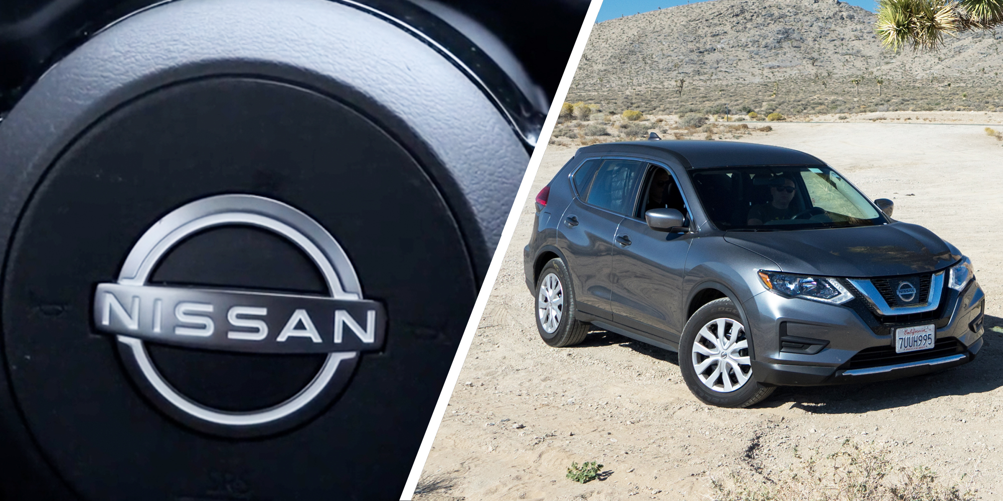 Nissan(l), Nissan Rouge car in the desert(r)