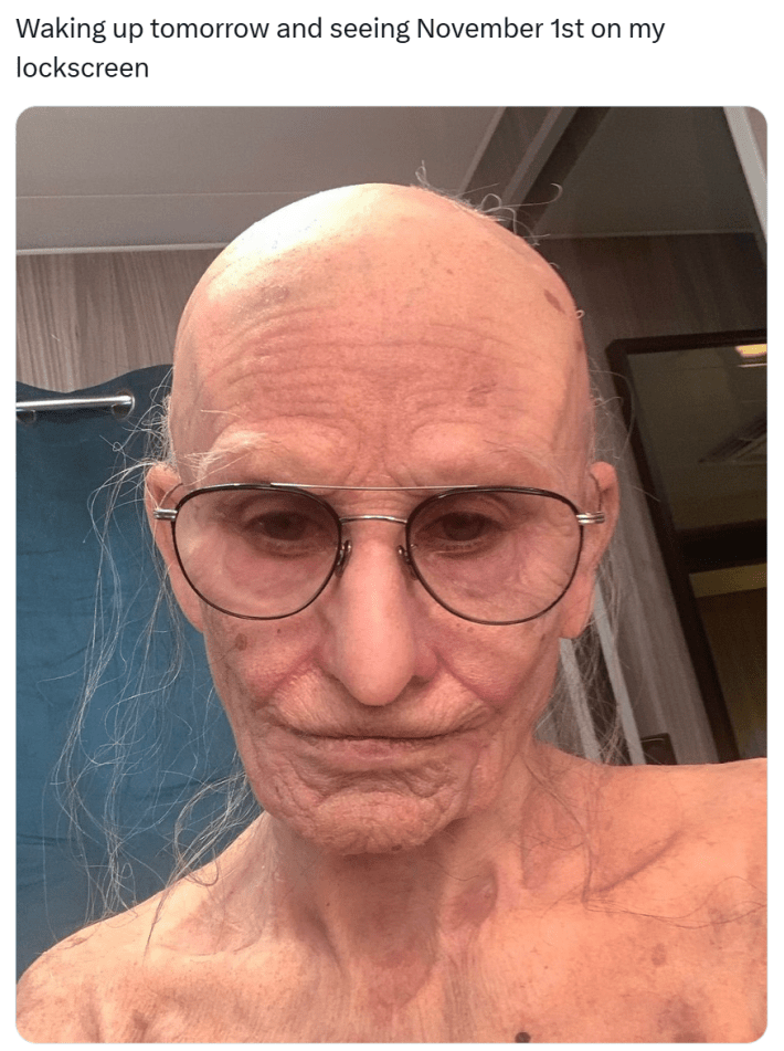 November meme about waking up and seeing November 1st on your lock screen.