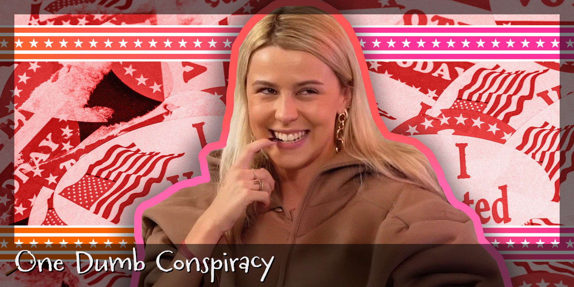 The Hawk Tuah girl and a bunch of I voted election stickers. There is text in the bottom left corner that says 'One Dumb Conspiracy' in Daily Dot newsletter web_crawlr font.