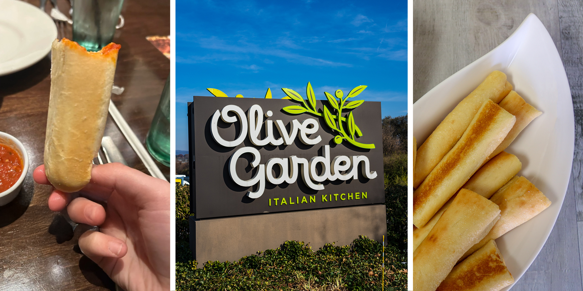 Person holding up olive garden bread(l) Olive Garden Sign(c) Oliver Garden Bread Sticks on a plate(r)