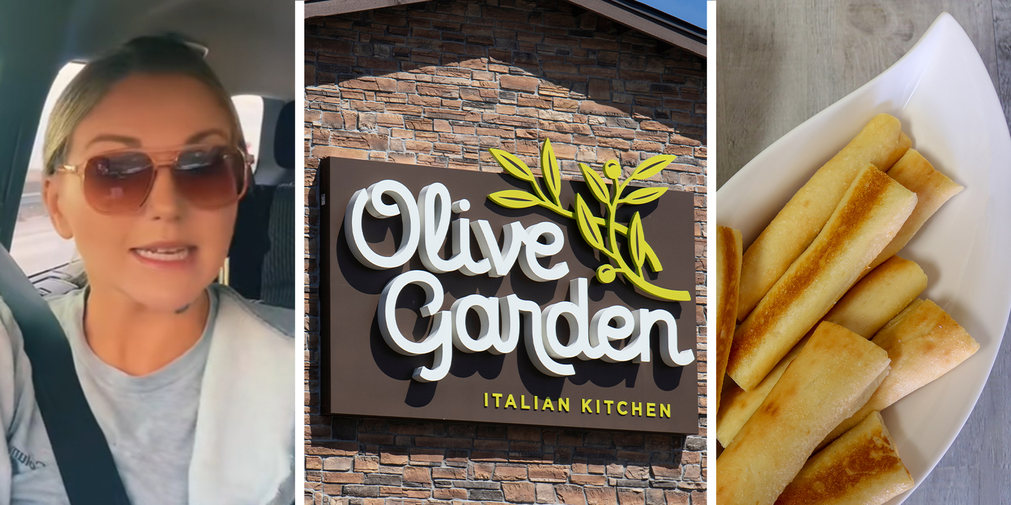 woman checking sharing Olive garden Experience(l) Oliver Garden Restaurant Sign(c) Olive Garden BreadSticks(r)