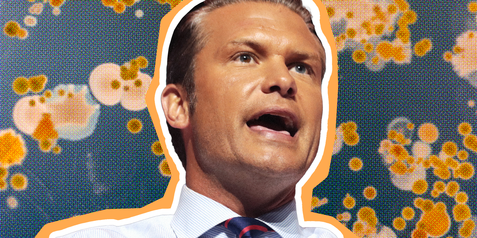 Pete Hegseth over image of bacteria under microscope