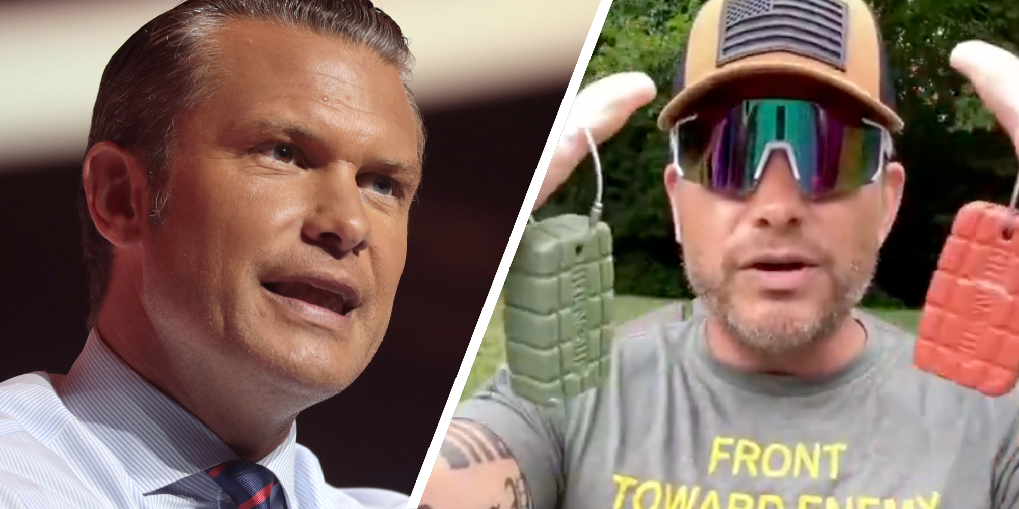 Pete Hegseth talking(l), Pete holding soap shaped like a grenade(r)