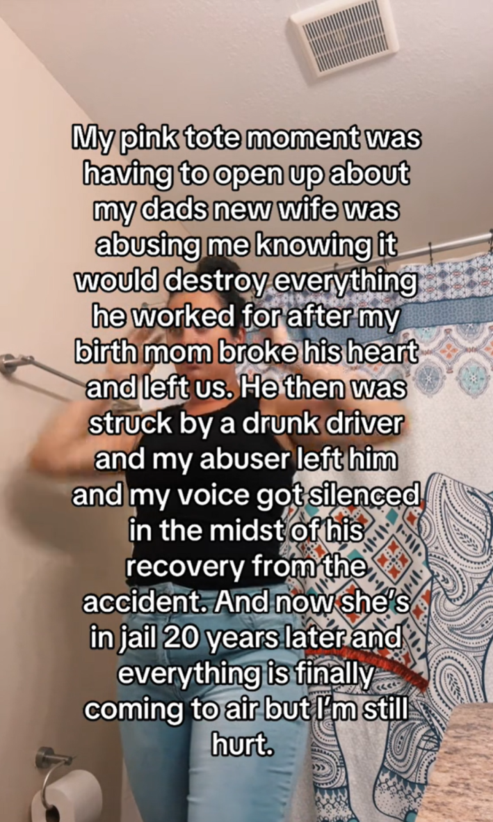 Pink tote mom TikTok trend, a video of a woman getting ready in the bathroom with text overlay sharing her emotional abuse.
