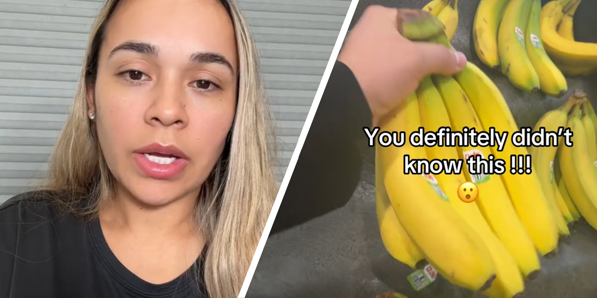Woman shares the proper way to peel a banana(l) Person holding bananas(r)