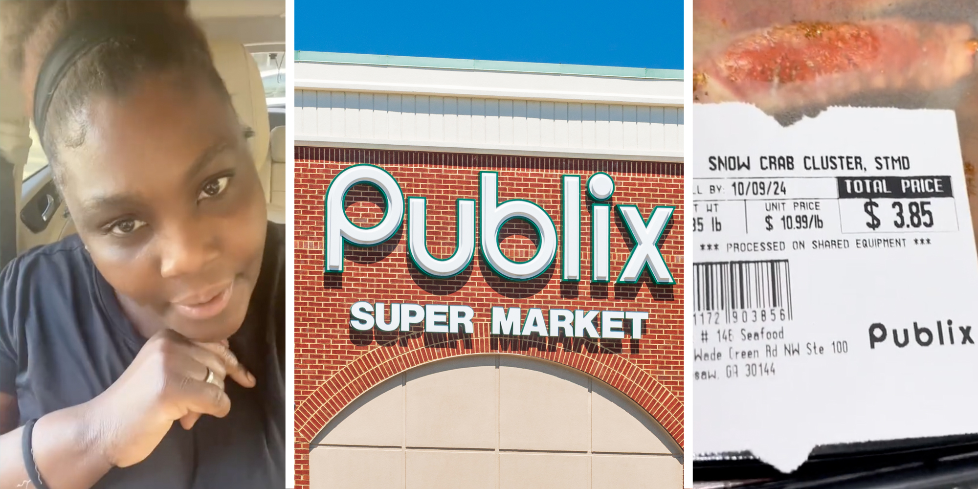 Woman talking(l),Publix Market(c), Snow crab clusters(r)