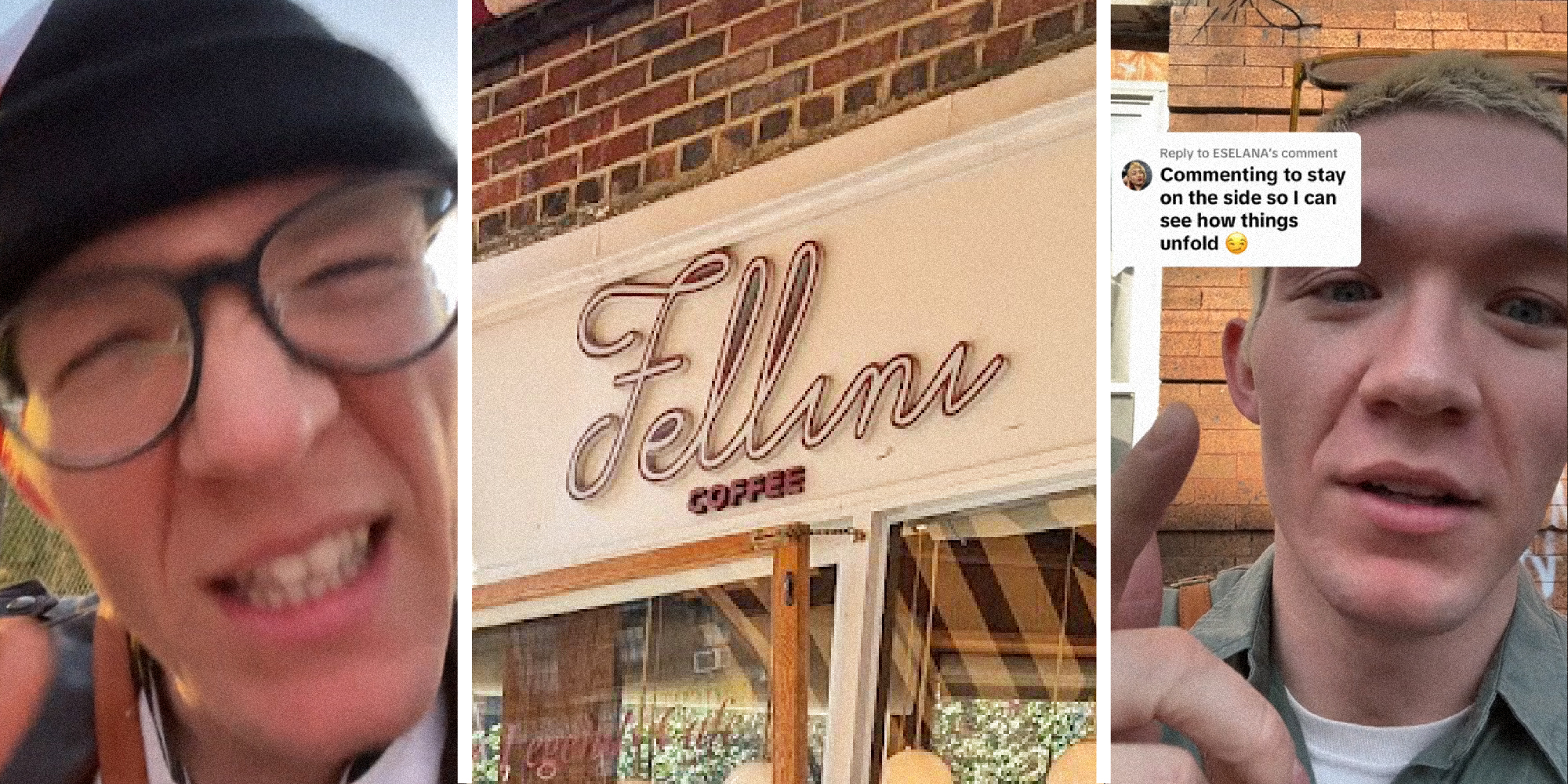 3 panel image showing a person complaining and the Fellini Coffee sign.