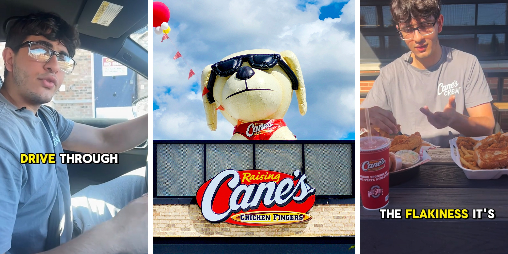 Person driving(l) Raising Canes Restaurant Front with Puppy Mascot(c) Man eating Canes Chicken Fingers(r)