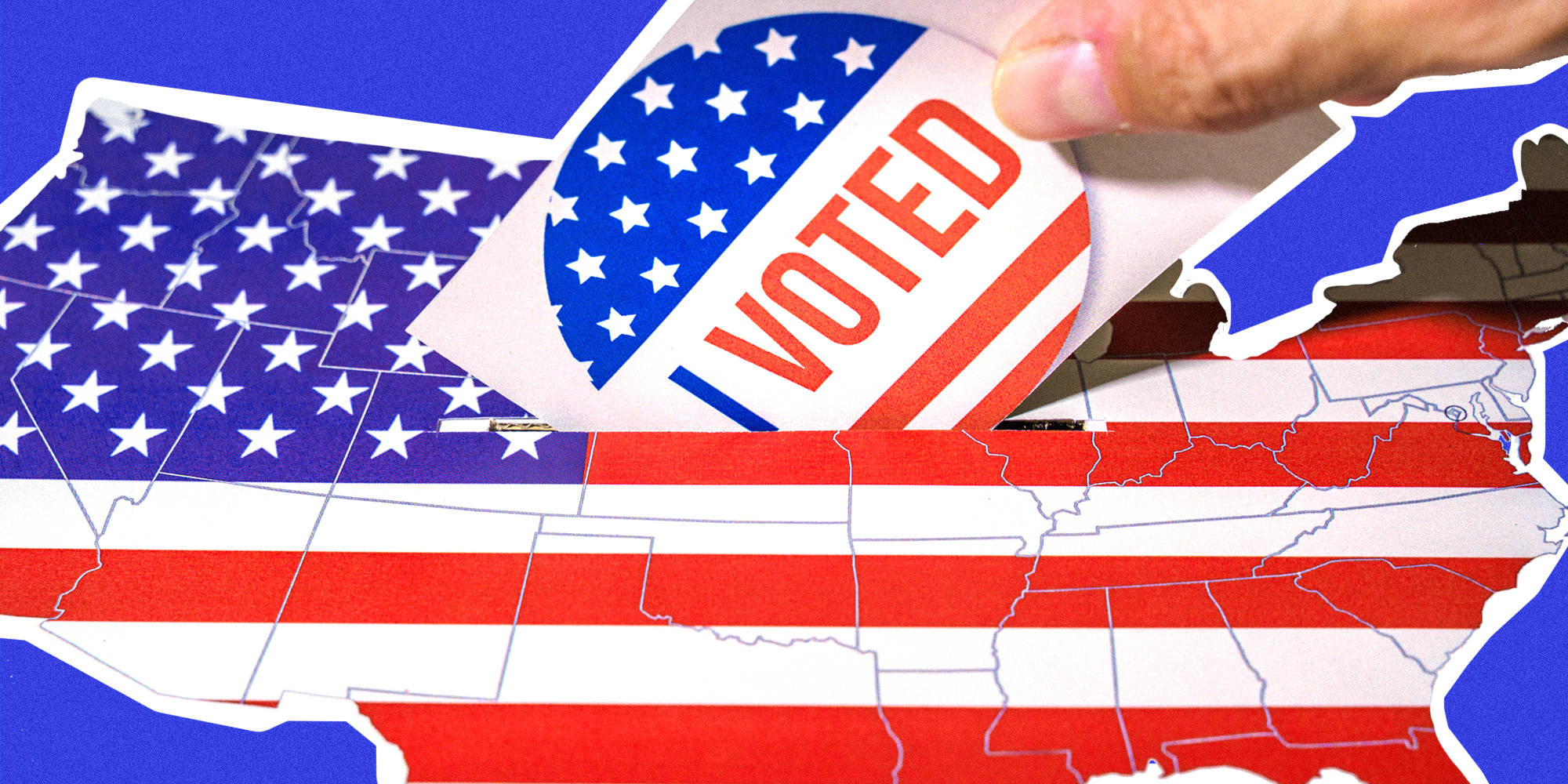 Hand putting I voted sticker into slot on the united states map covered in the american flag