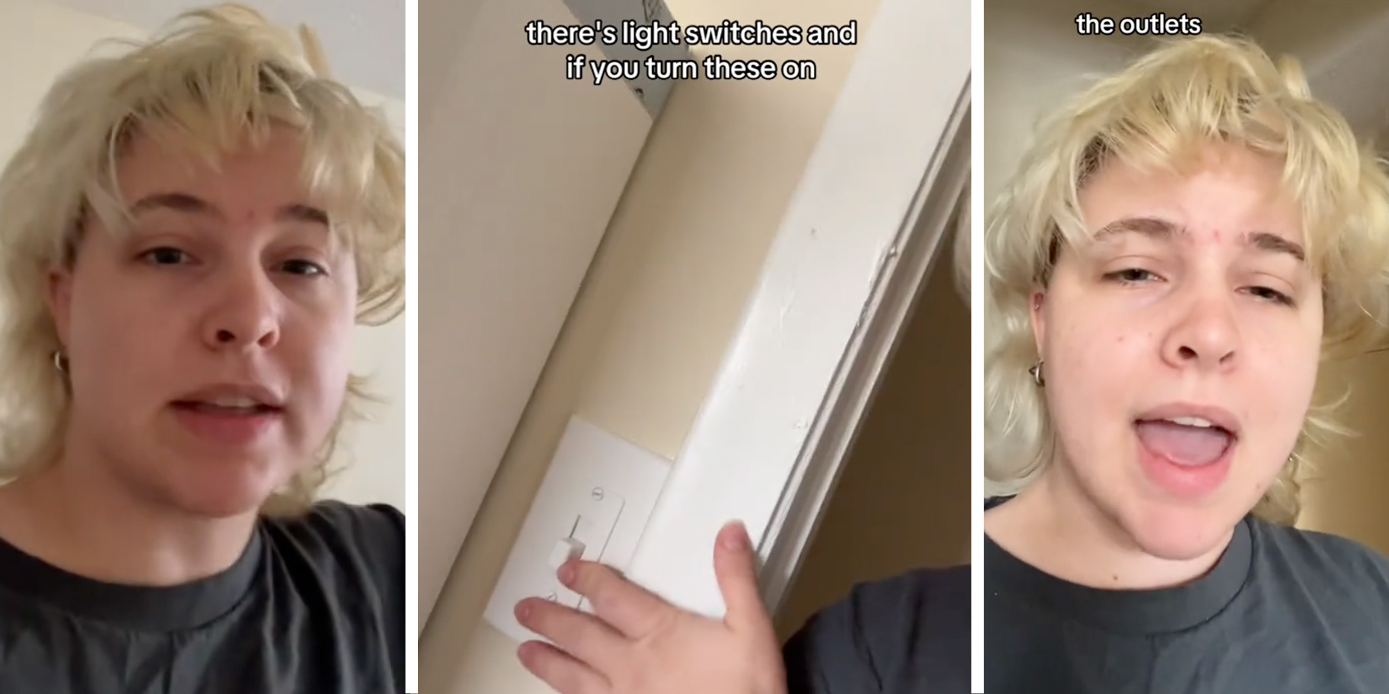 Woman talking(l+r), Hand on light switch(c)