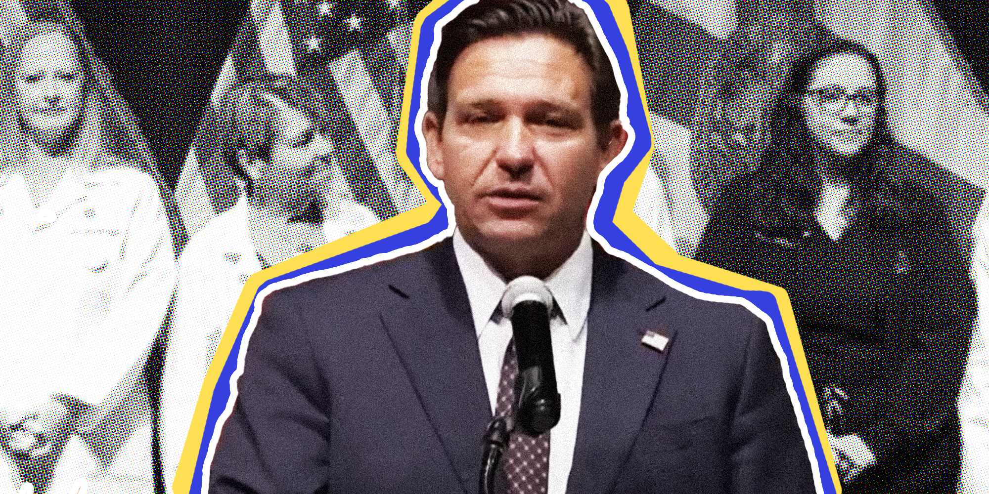 Ron DeSantis speaking into mic in front of state agency heads