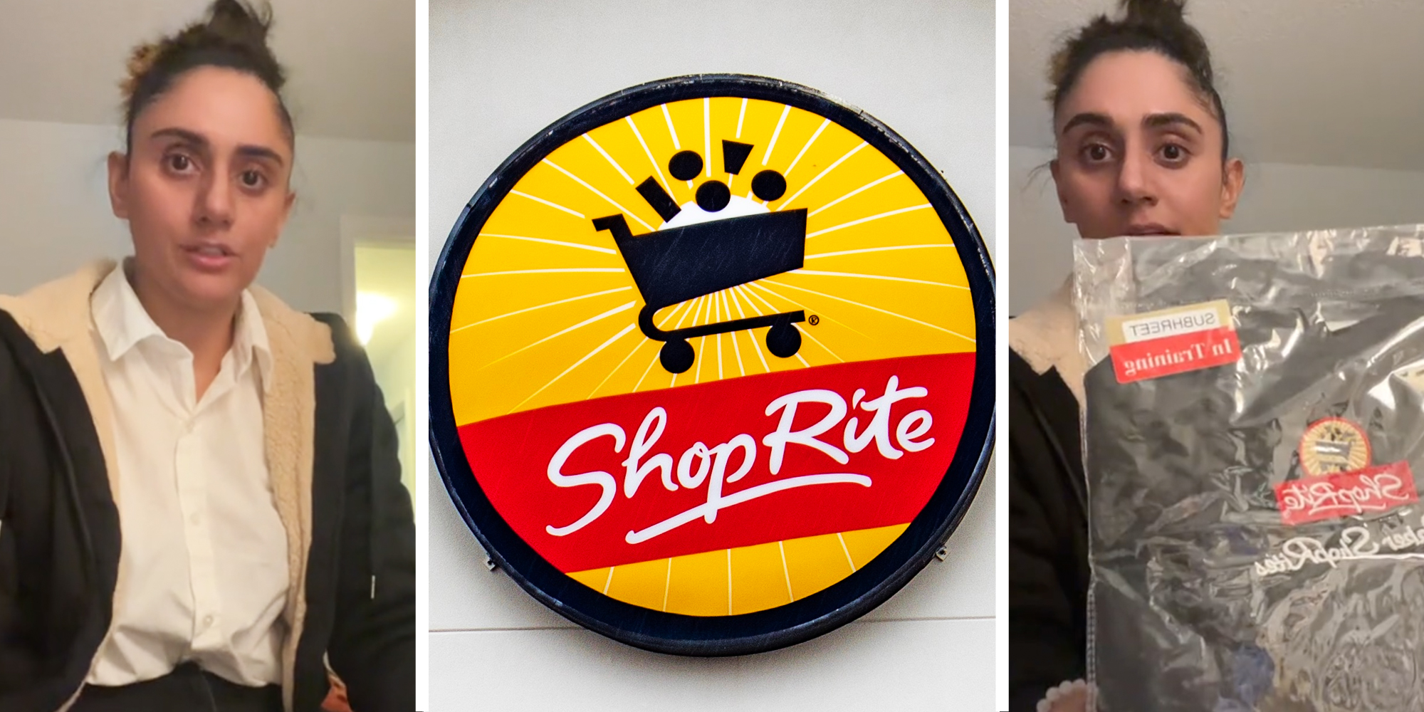 Woman talking(l), Shoprite sign(c), Woman holding shoprite uniforms(r)