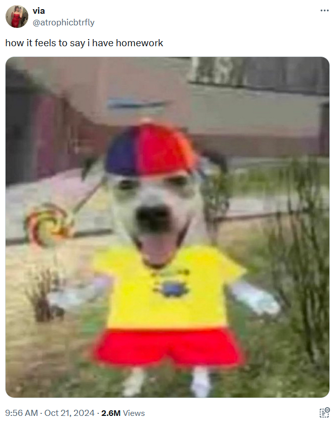 Image of a dog dressed as a child with a joke about having homework as an adult.
