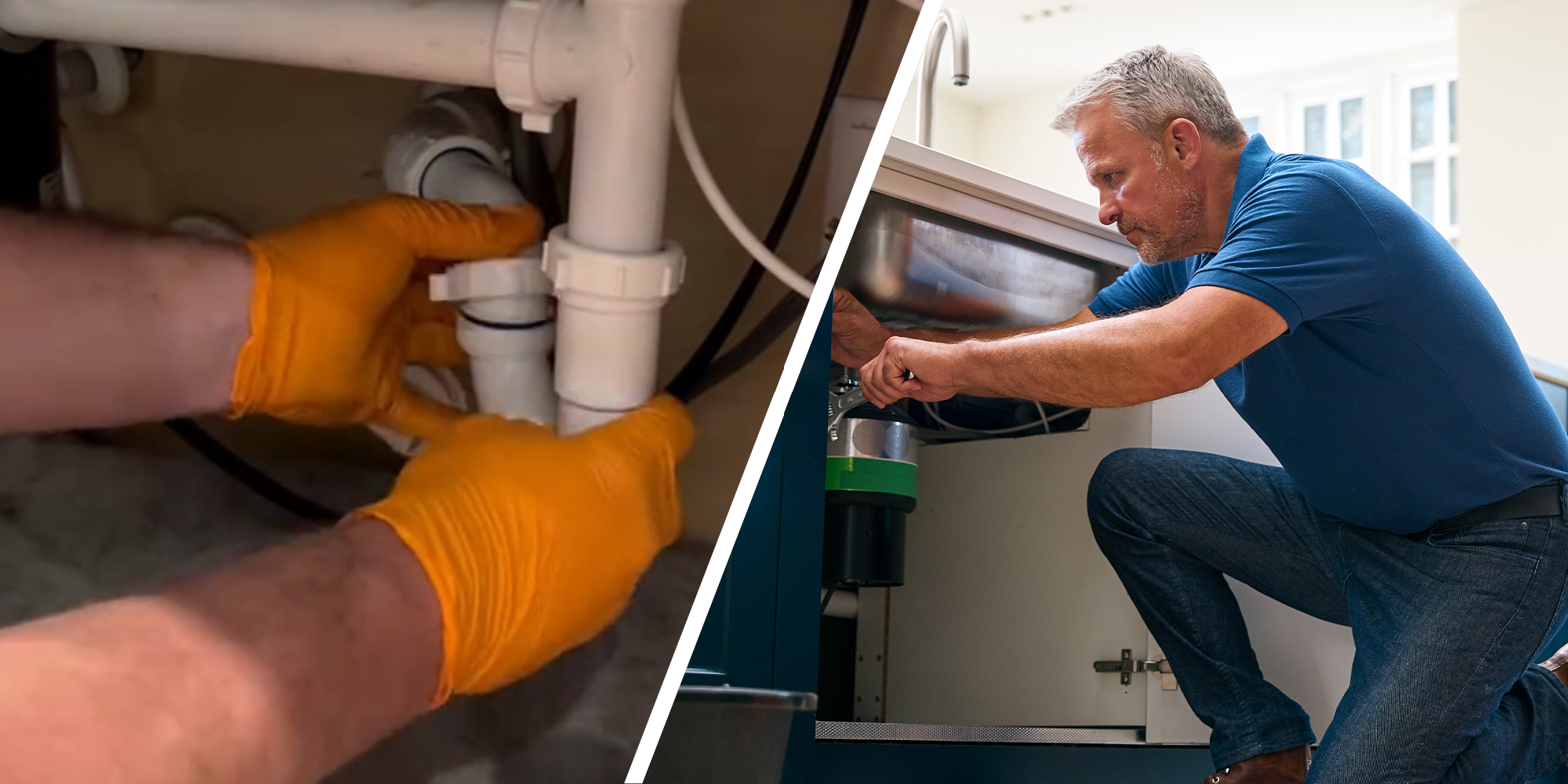 Fixing underneath sink while wearing orange gloves(l) Man Fixing Garbage Disposal(r)
