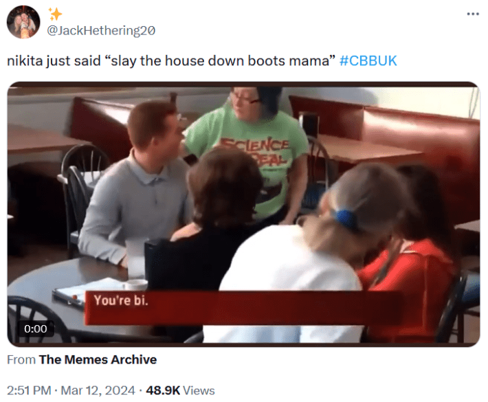 Tweet with a video of a woman putting her hands on a man's shoulder and saying "you're bi."