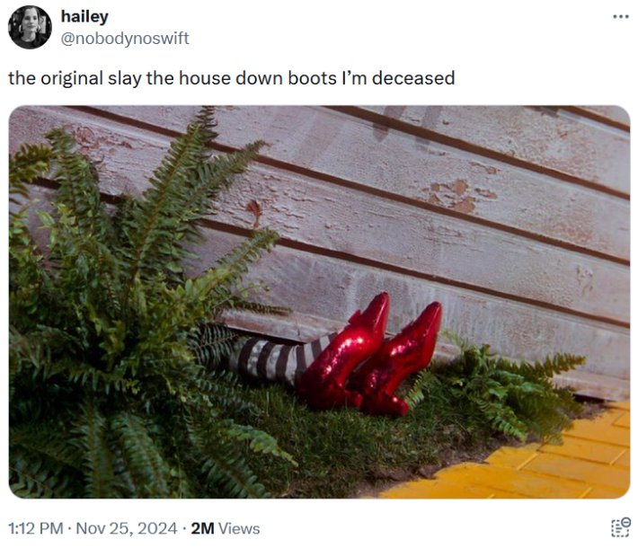 Slay The House Down Boots meme with a screenshot of the ruby slippers on the wicked witch's feet after she was crushed by Dorothy's house.