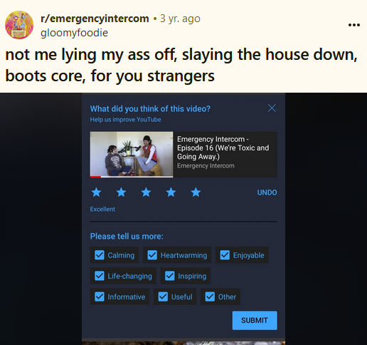 Slay The House Down Boots meme with a positive review of an "Emergency Intercom" episode.