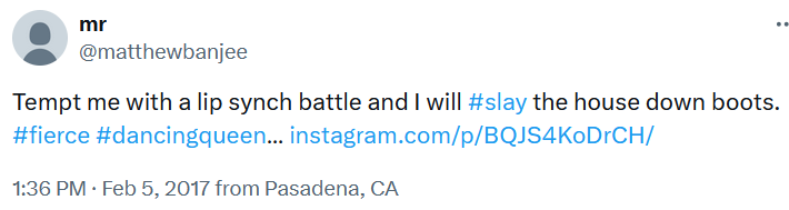 Tweet reading "Tempt me with a lip synch battle and I will #slay the house down boots. "