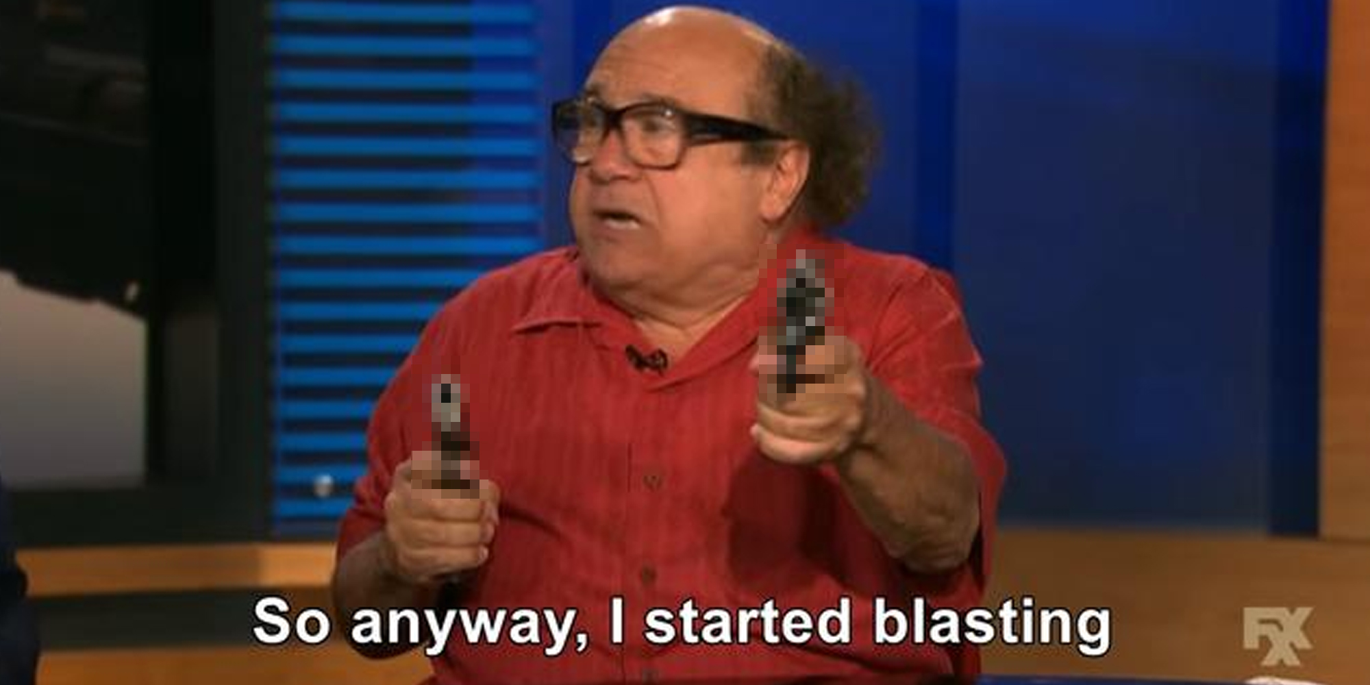 Danny Devito holding two censored guns with text that says "so anyway, I started blasting"