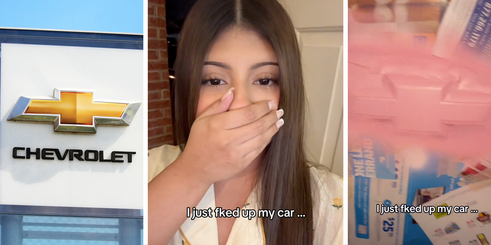 Chevrolet sign(l), Woman with hand over her mouth and text that says "I just fked up my car"(c), Paint over Chevrolet logo and same text(r)
