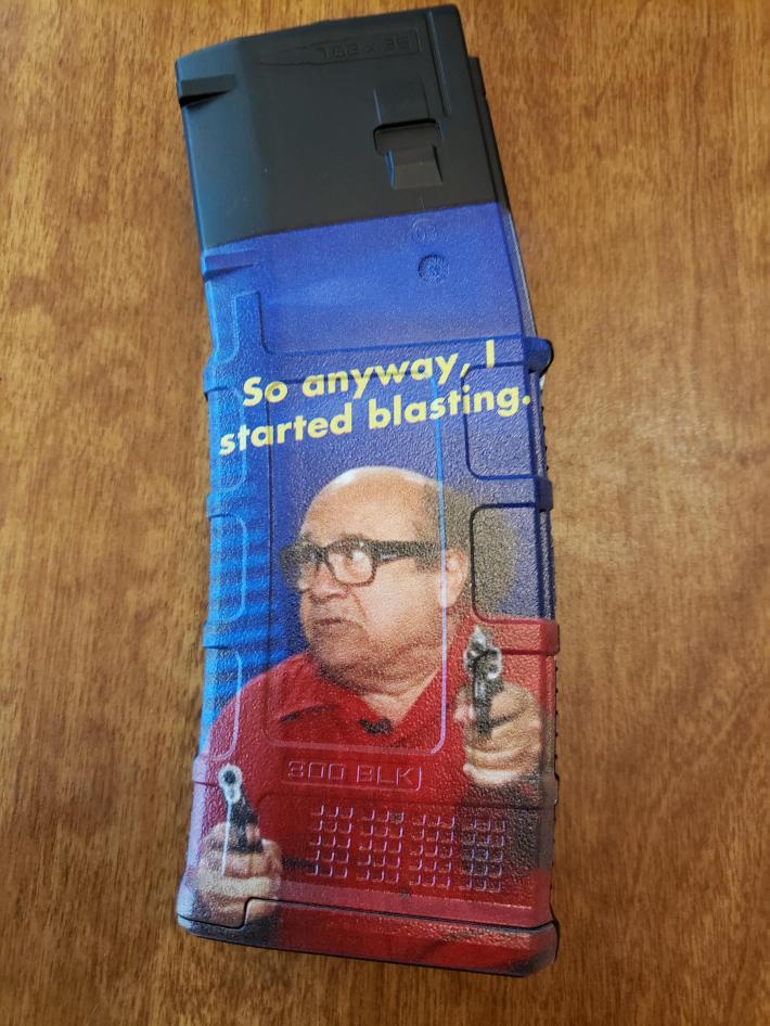gun magazine with "so anyway i started blasting" wrap