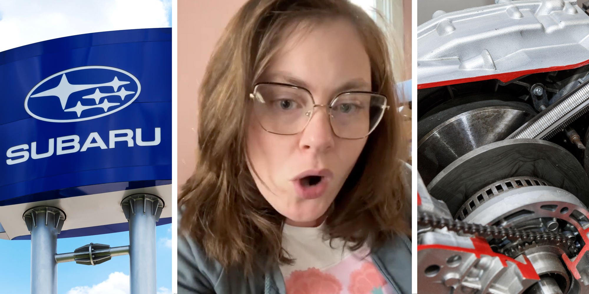 Subaru sign(l), Woman talking(c), Continuously Variable Transmission (or CVT) cutaway(r)