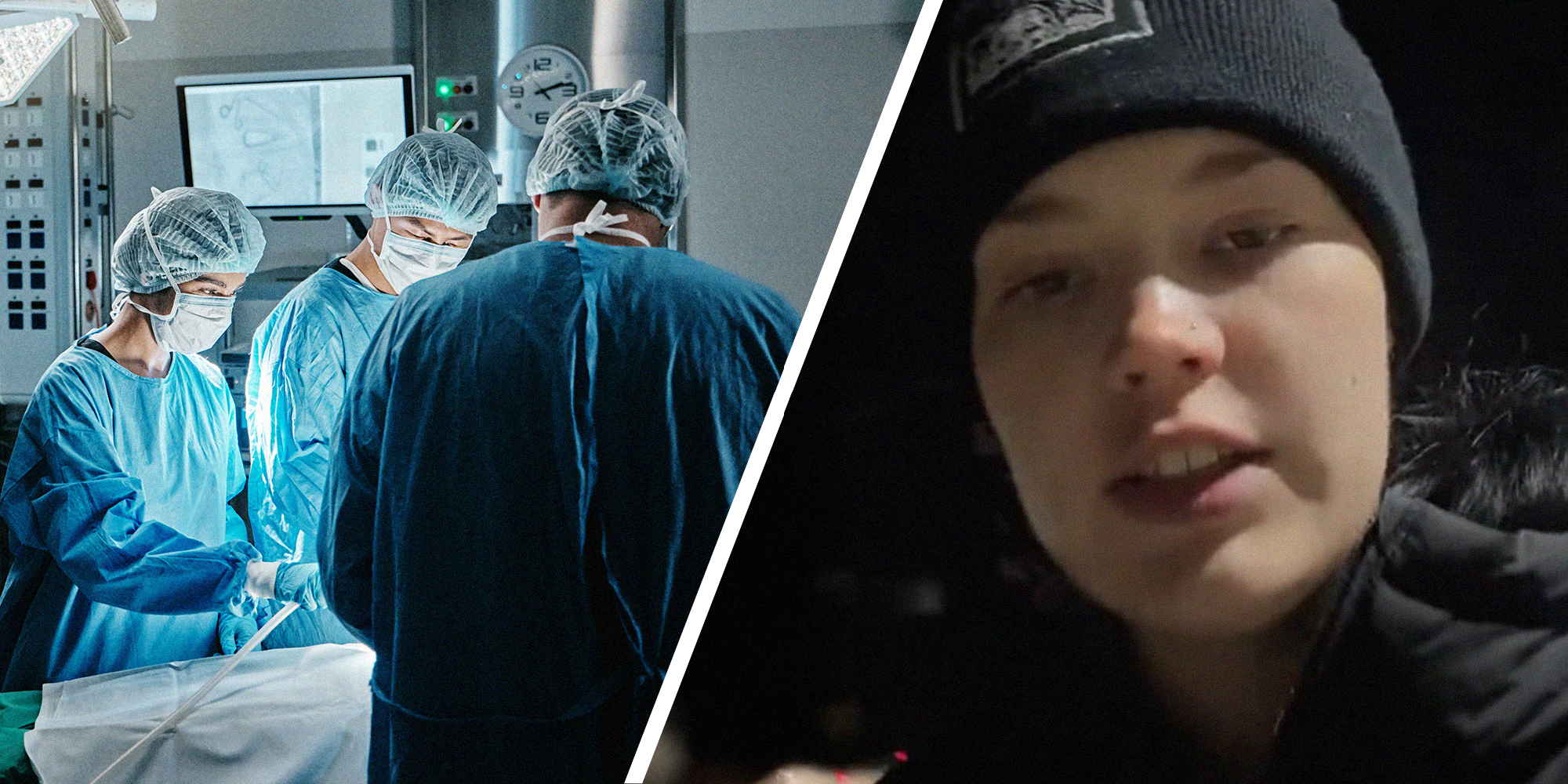 Doctors performing surgery(l) Woman explaining what happened to her after surgery(r)