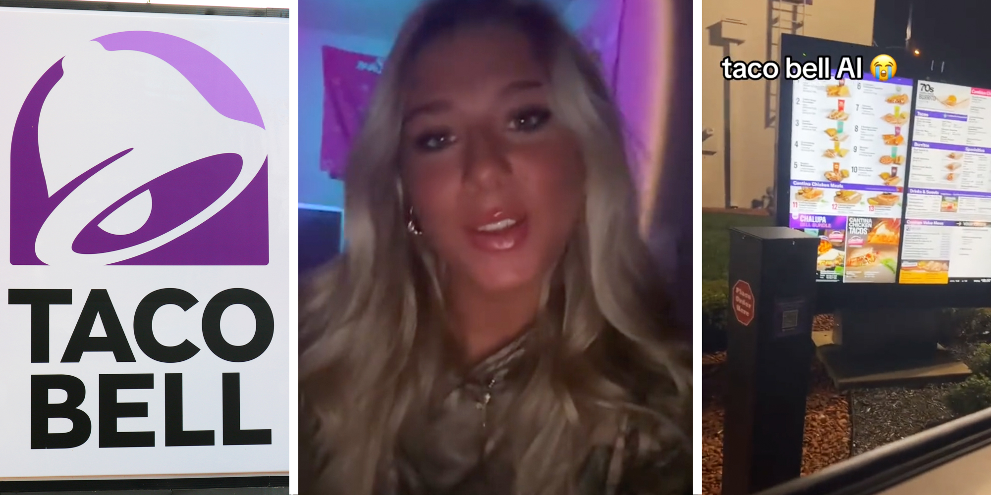 Taco Bell sign(l), Woman talking(c), Taco Bell menu with text that says "taco bell ai"(r)