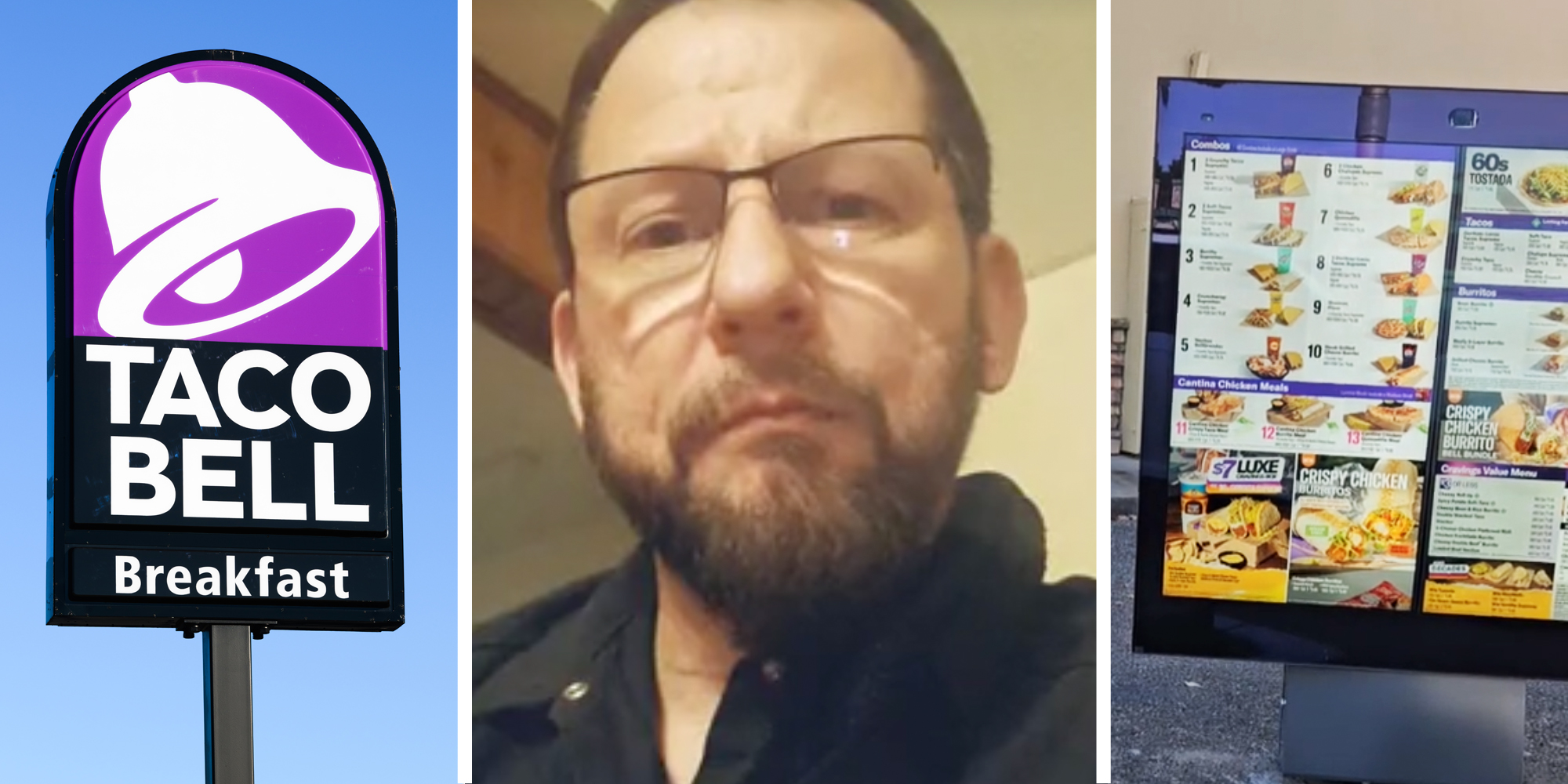 Taco Bell(l), Man talking(c), Drive thru men(r)