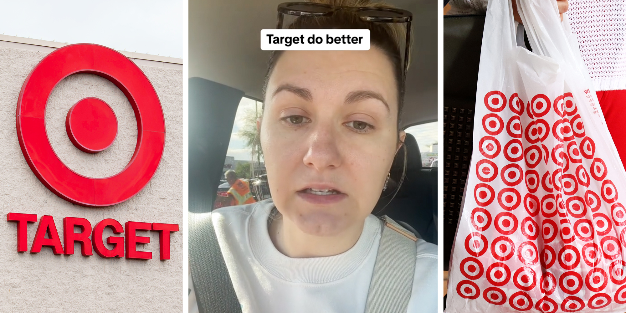 Target storefront(l), Woman talking with text that says "target do better"(c), Target bag(r)