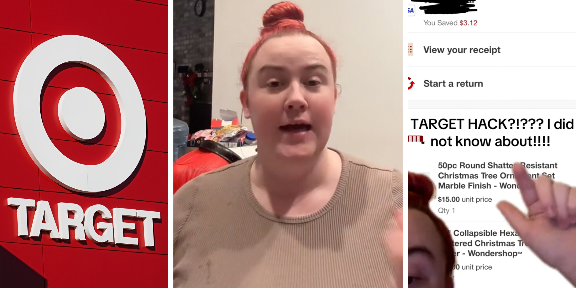 Target sign(l), Woman talking(c), Screenshot of target hack(r)