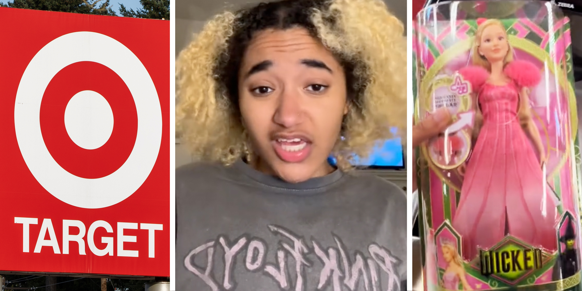 Target sign(l), Woman talking(c), Wicked doll(r)