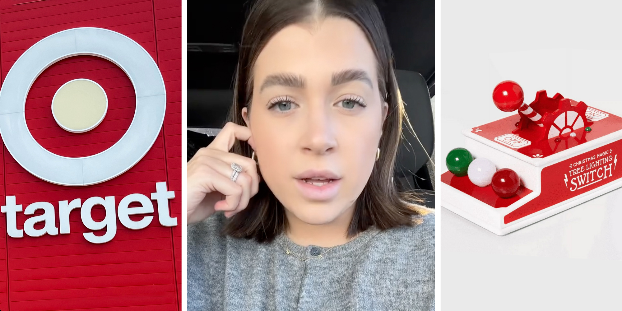 Target sign(l), Woman talking(c), Christmas Tree lighting switch(r)