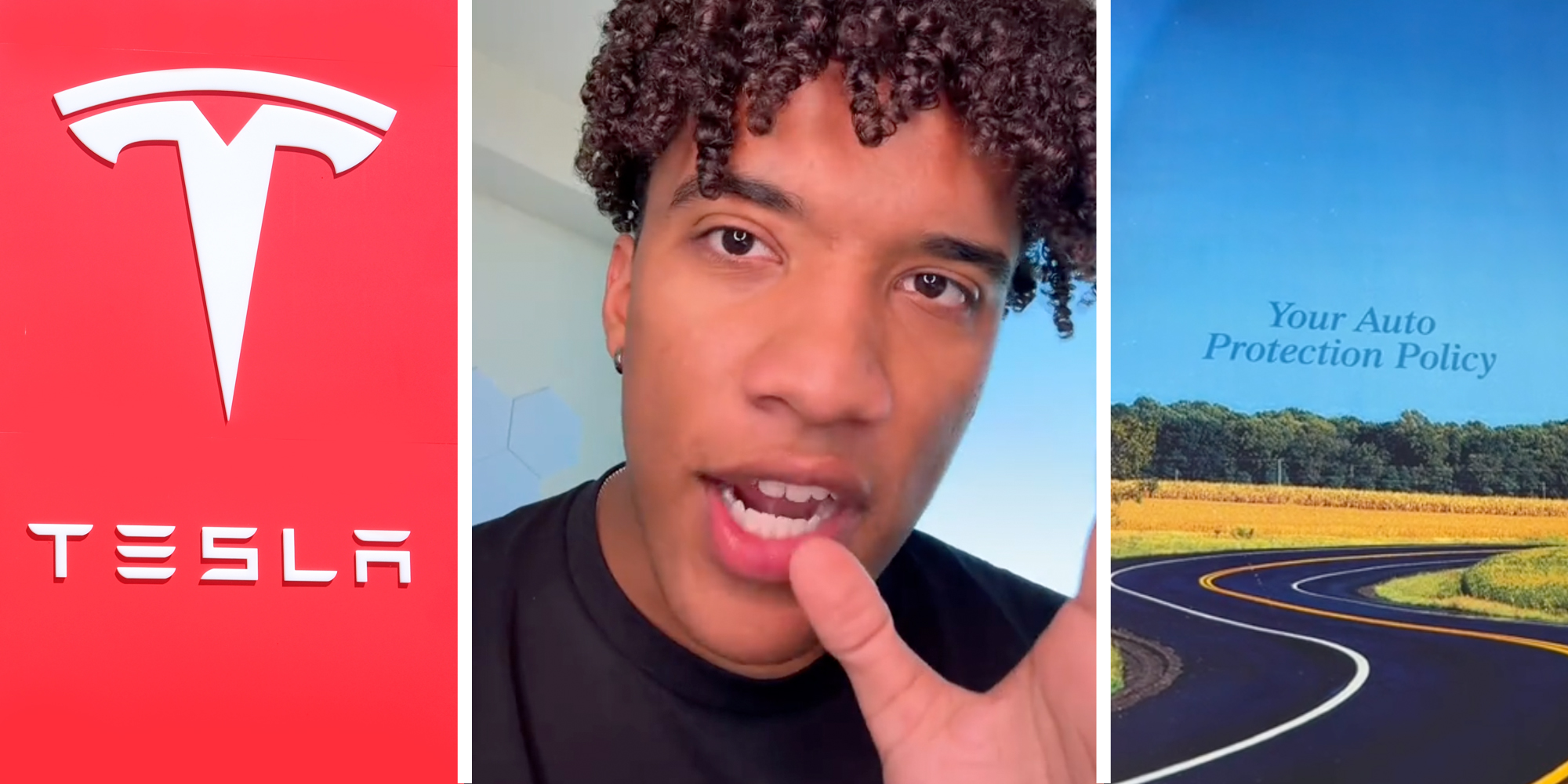 Tesla logo(l), Man talking(c), Auto Protection Policy menu(r)