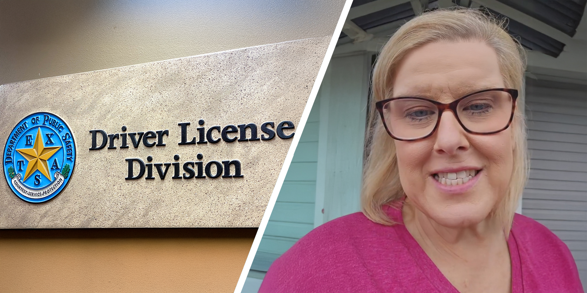 Driver License Division Sign(l) Woman wearing glasses and Bright Pink blouse(r)