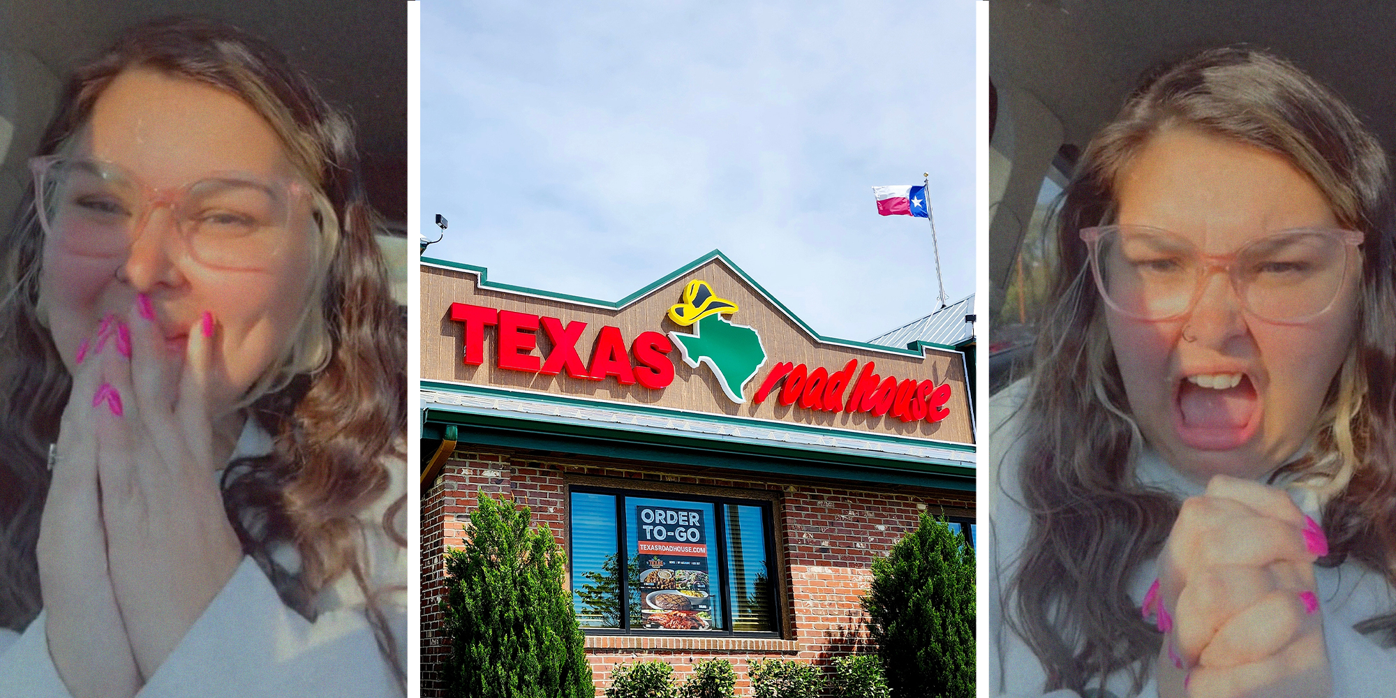 woman looking shy(l) Texas Roadhouse front entrance(c) Woman looking disgusted(r)