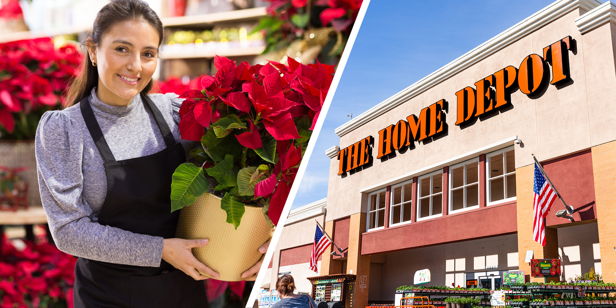 Woman holding poinsettia(l) The Home Depot Store Front(r)