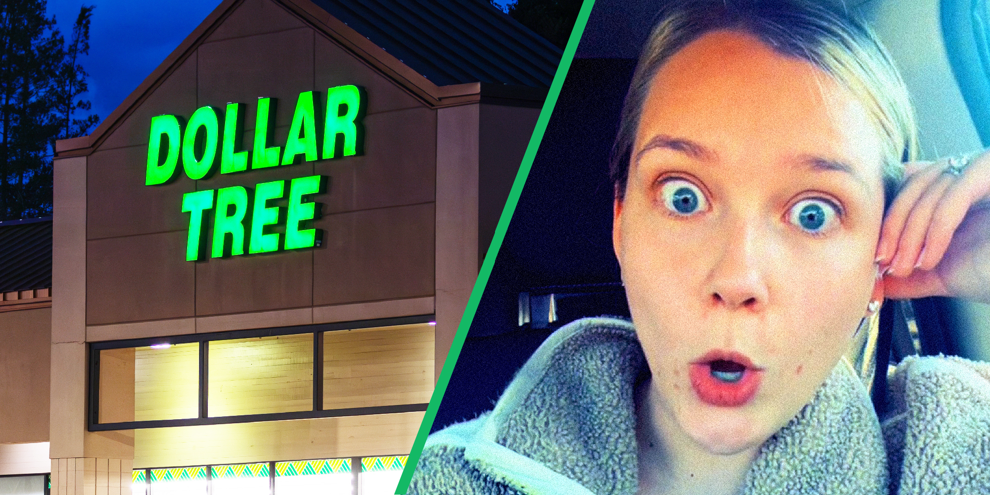 two panel image of the exterior of a Dollar Tree store and a person talking in their car.