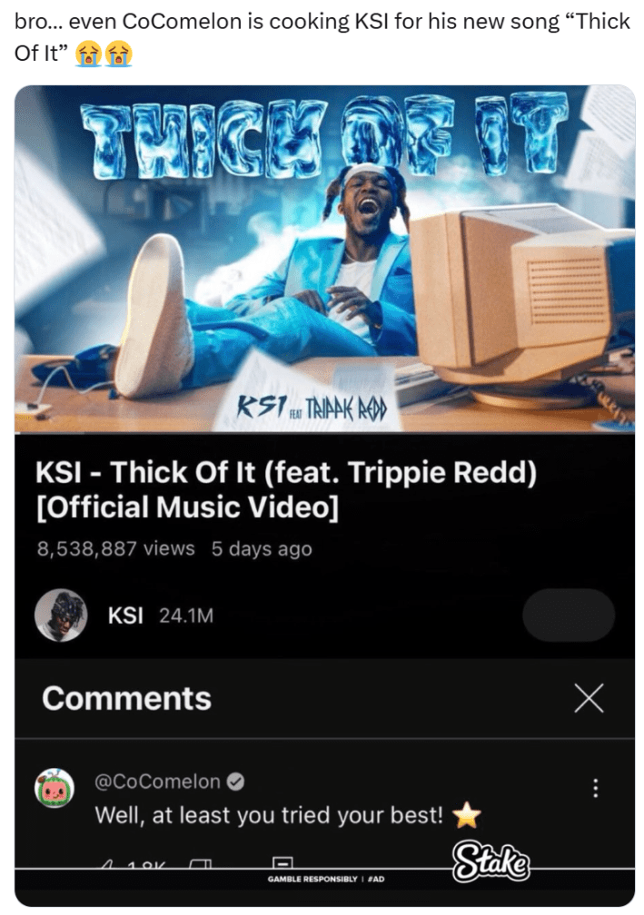 Tweet that reads, "bro… even CoComelon is cooking KSI for his new song 'Thick Of It' (sob emojis)"