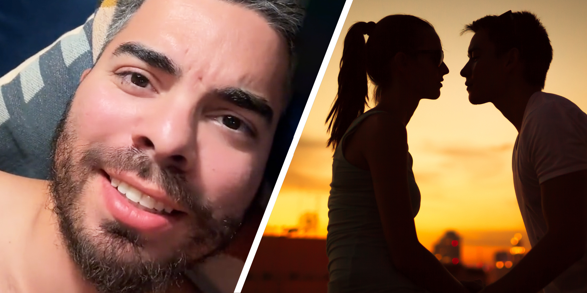 Man talking(l), Couple on roof leaning in for a kiss(r)