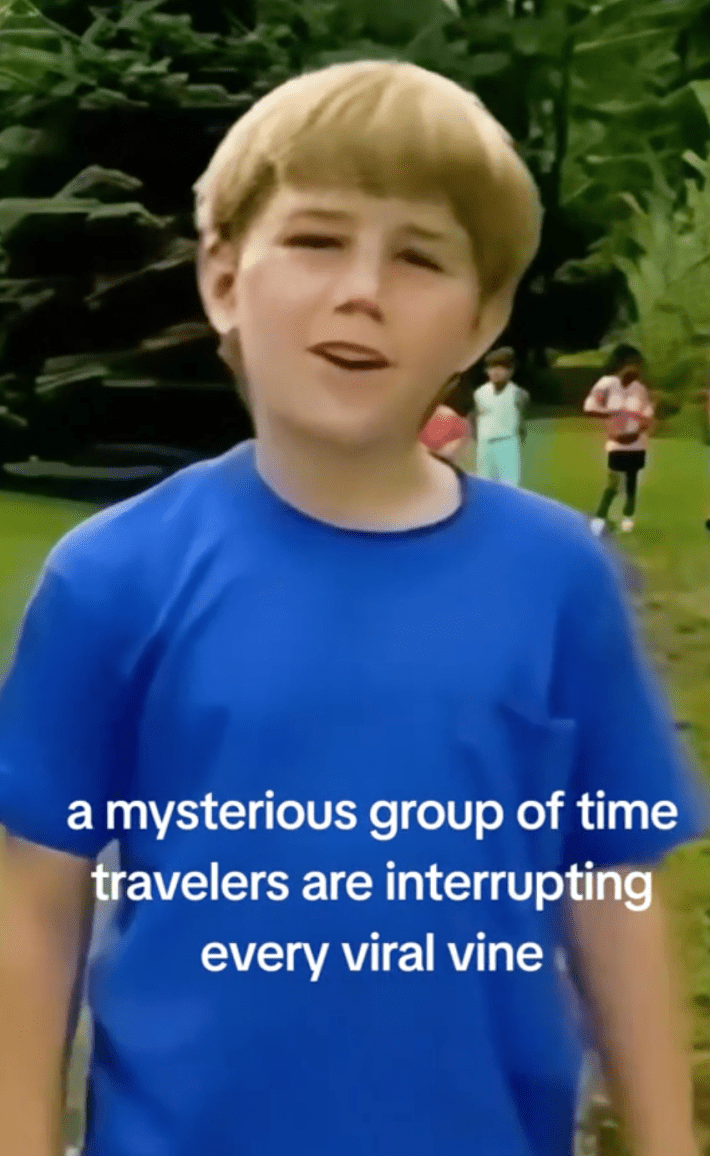 time travelers interrupting meme with the Who are You? kid