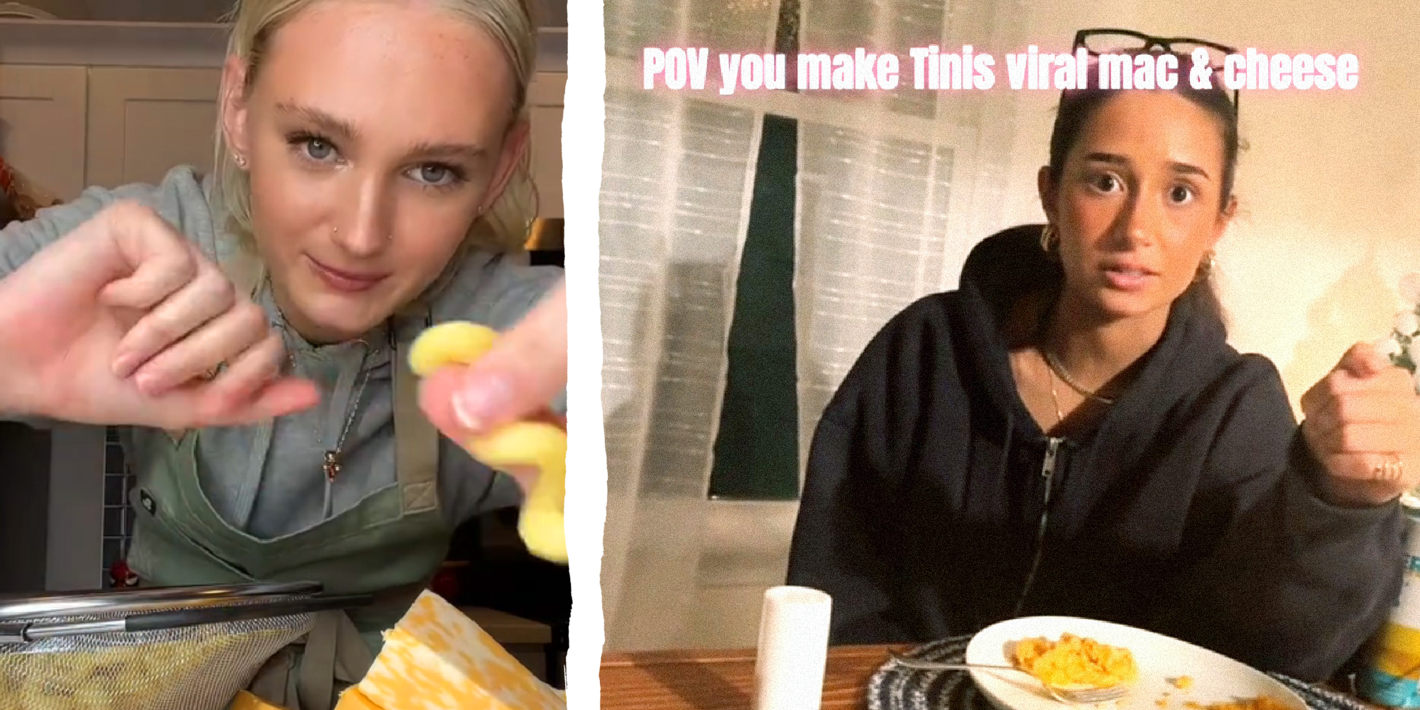 two panel image, on the left we see a the food influencer Tini sharing her famous macaroni and cheese recipe. On the right a TikTok user sits at a table with a plate of mac & cheese in front of them, with text over: POV you make Tinis viral mac & cheese.