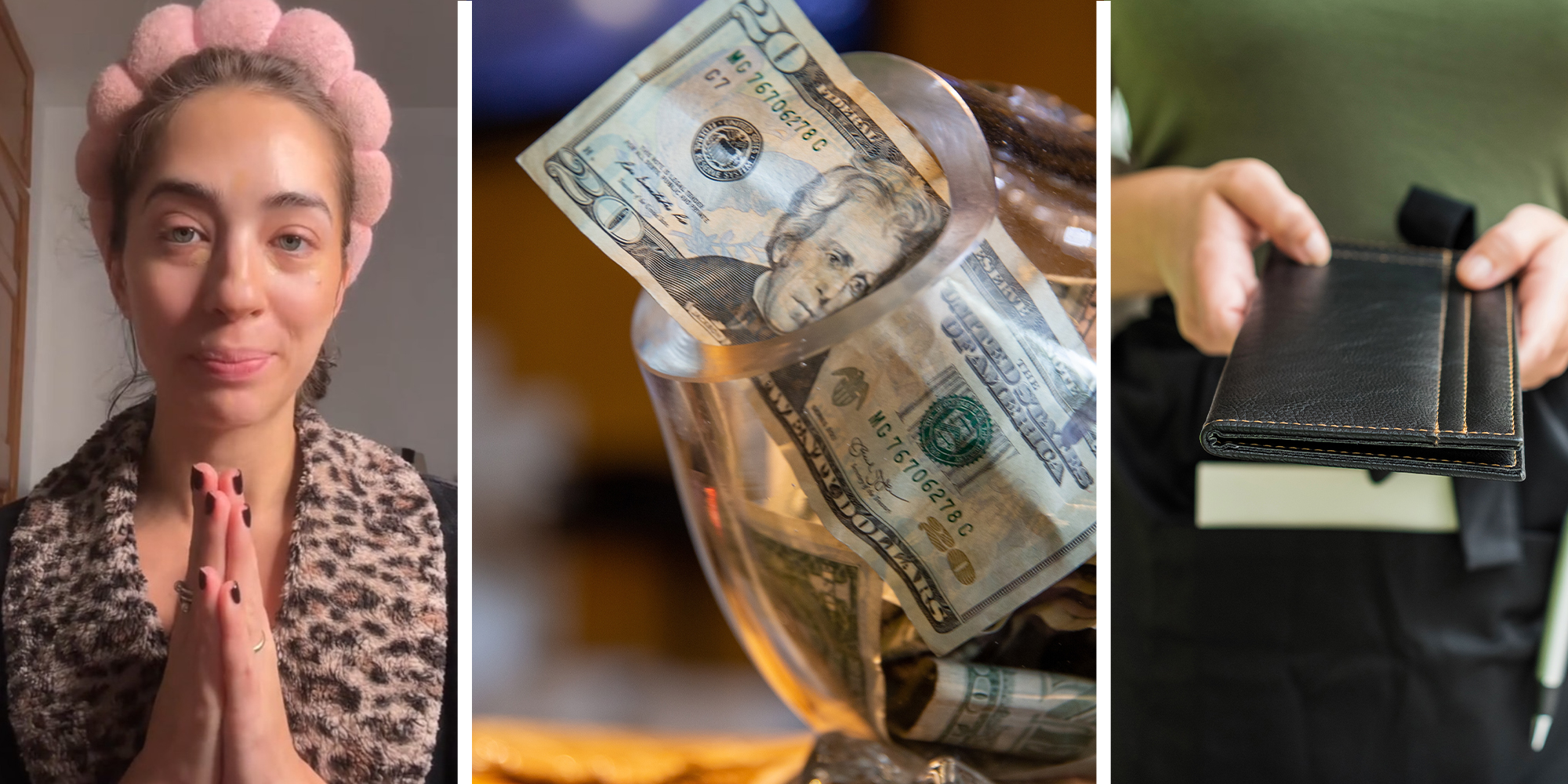Woman with prayer pose(l) 20 dollar in tip jar(c) Server handing over receipt(r)