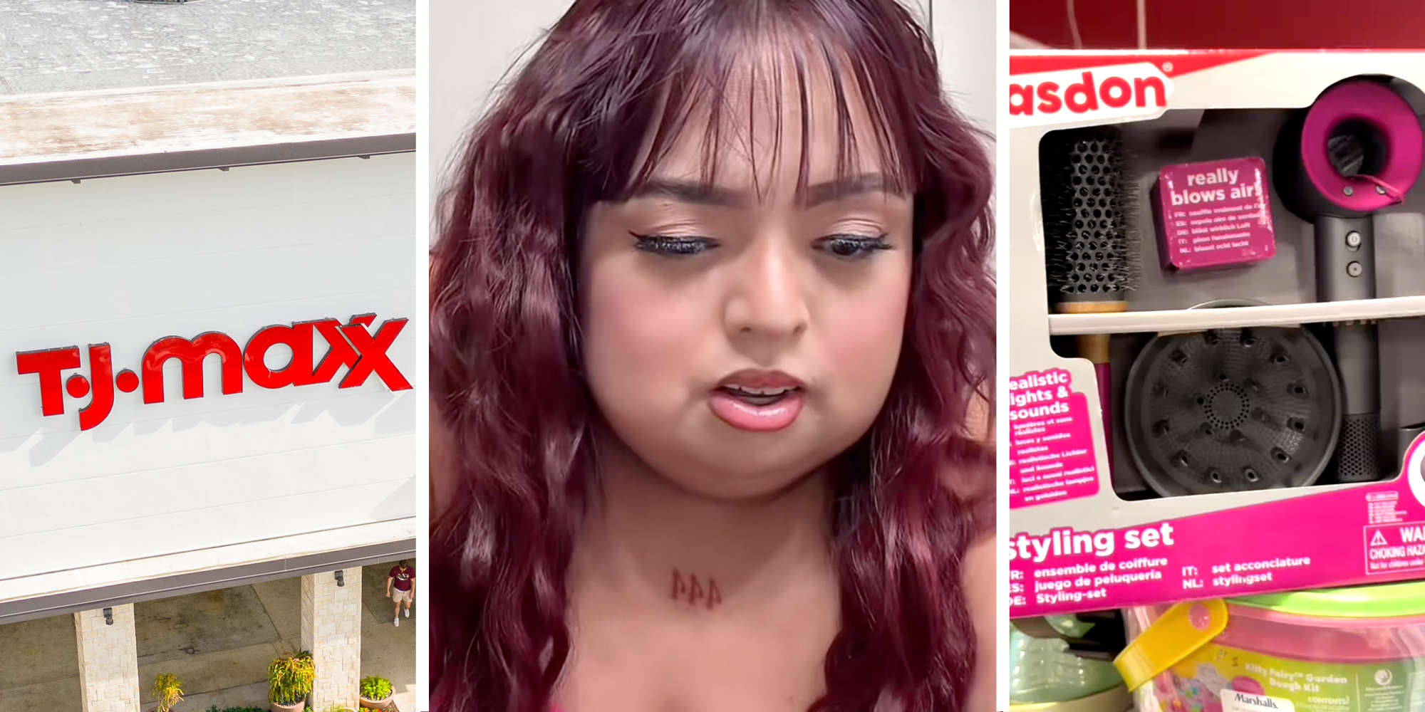 TJ Maxx(l), Woman talking(c), Dyson styling set(r)