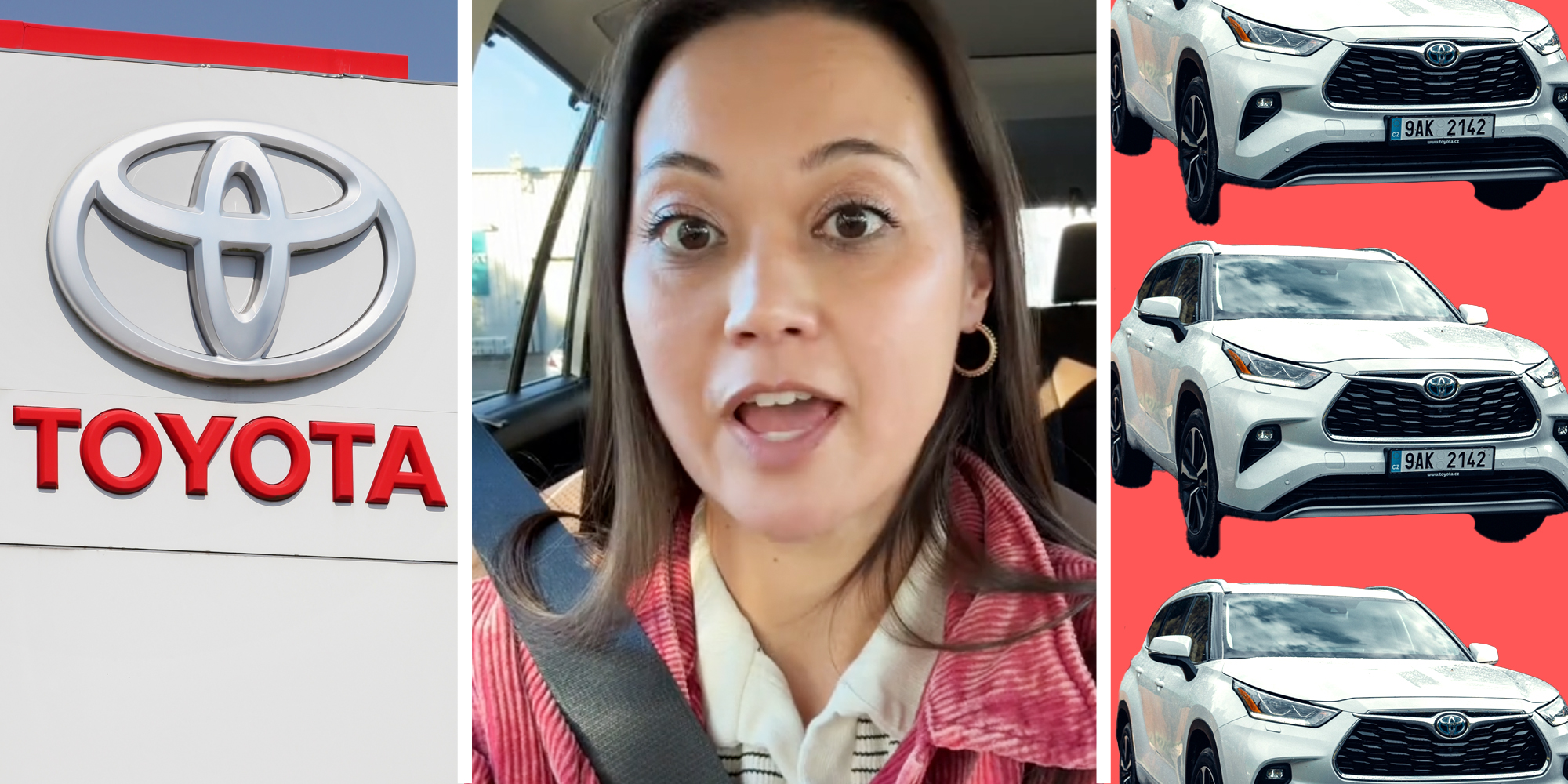 Toyota sign(l), Woman talking(c), Toyota Highlanders(r)