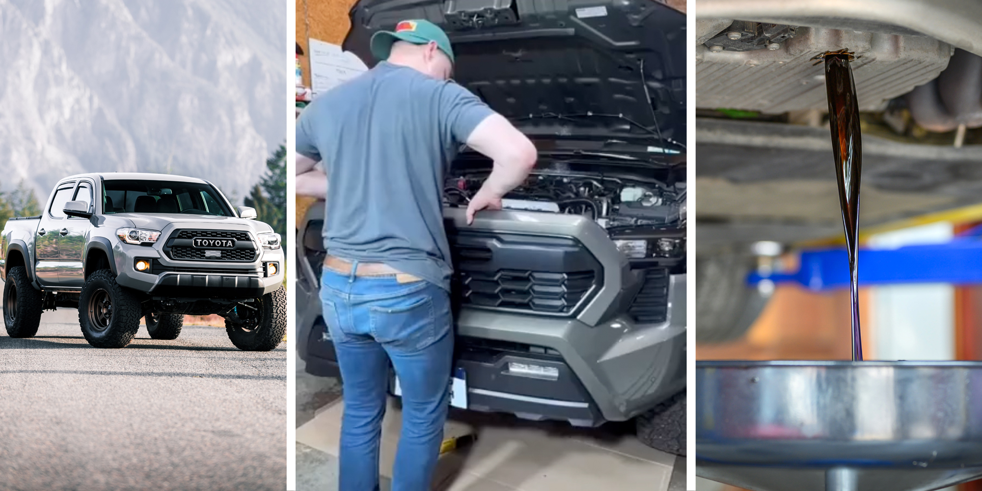 Toyota Tacoma on road(l), Man in front of truck(c), Oil pouring out of car(r)